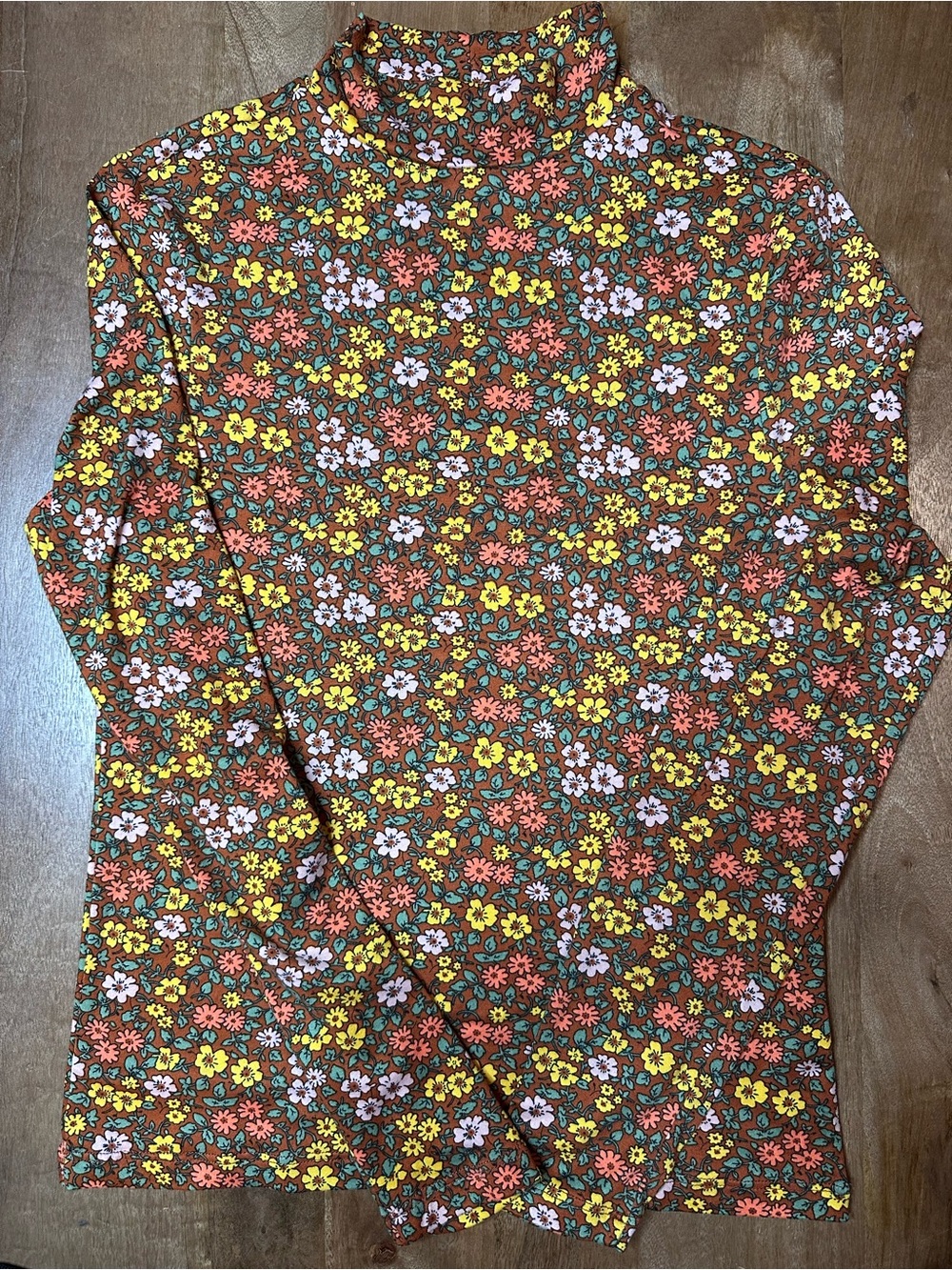 Floral Mock Neck Long-Sleeve Top - Brown/Yellow/Pink
